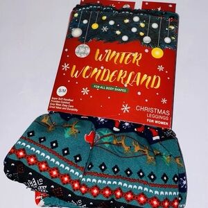 Women’s Christmas holiday leggings reindeer snowflakes green
